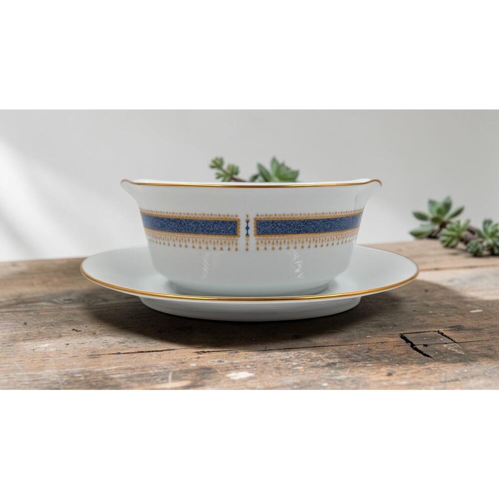 Noritake Blue Dawn 6611 Gravy Boat With Underplate 8 1/4" Japan Gold Trim